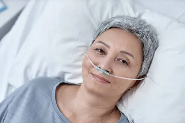 High Angle View Mature Woman Looking Camera Lying Bed Oxygen — Stock Photo, Image