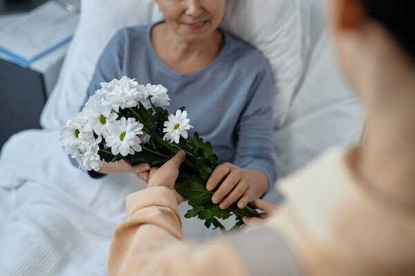 Close-up of adult daughter visiting her sick mom in hospital giving her bouquet of chamomile