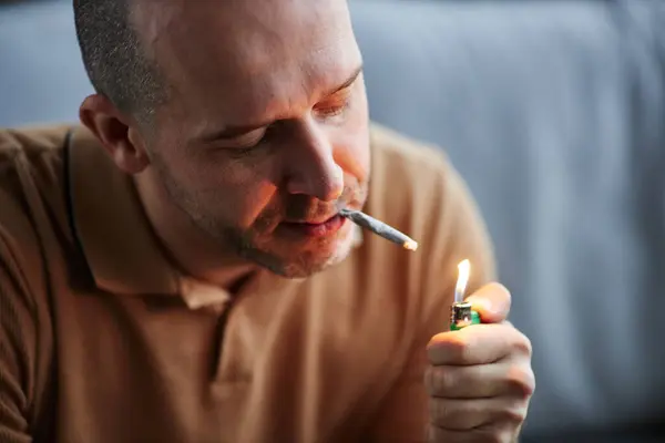 Adult Man Lighting Cigarette Smoking Home Therapeutic Purpose Medical Treatment — Stock Photo, Image