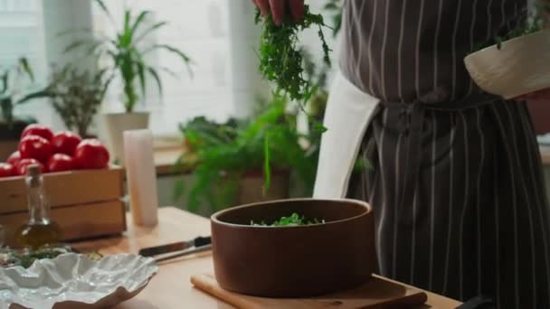 Schnappschuss Eines Nicht Wiederzuerkennenden Männlichen Kochs Gestreifter Schürze Der Salat — Stockvideo