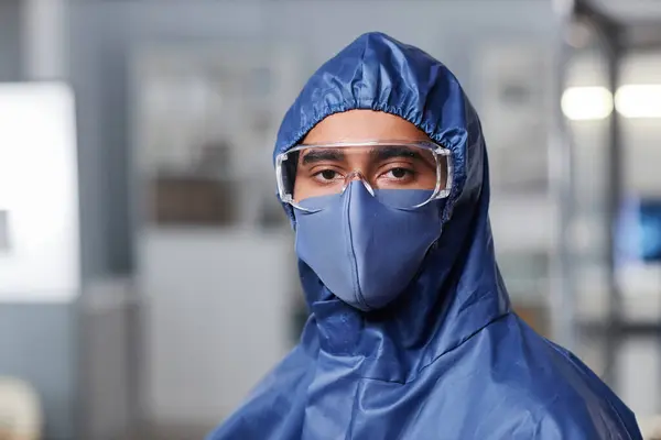 Closeup Portrait Scientist Wearing Full Protective Gear Laboratory Looking Camera — Stock Photo, Image