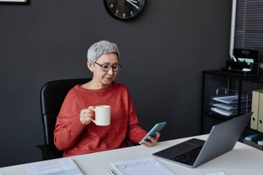 Başarılı kıdemli kadın patron portresi. Akıllı telefon kullanıyor ve işyerinde bir fincan kahveden zevk alıyor.