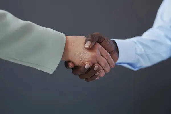 Side view closeup of black businessman shaking hands with partner against grey background