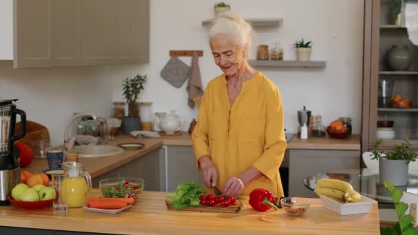 居心地の良い家庭用キッチンに立ち ランチに健康的なサラダを作っている間 新鮮な野菜を切るコーカサスの老婦人の中型ショット — ストック動画