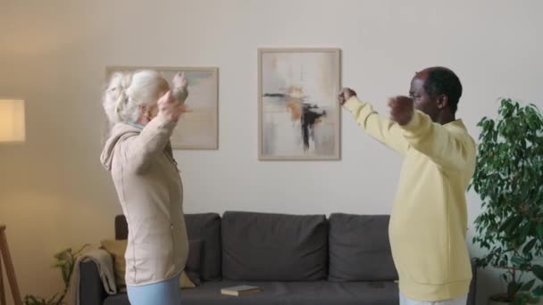 Mittlere Seitenansicht Eines Ethnisch Gemischten Älteren Paares Das Sich Beim — Stockvideo