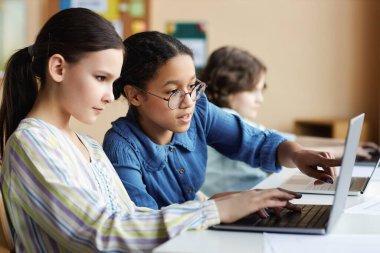 Öğrenci kızlar ders sırasında masada oturup dizüstü bilgisayarda birlikte çalışıyorlar.