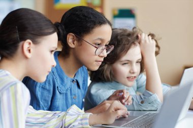 Çocuklar ders sırasında masada yan yana otururken dizüstü bilgisayar kullanarak online sunum üzerinde çalışıyorlar.