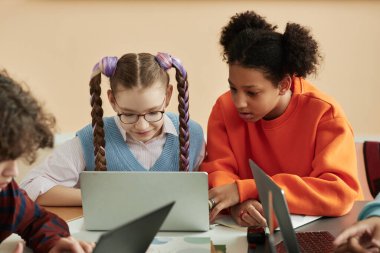 Sınıfta dizüstü bilgisayar kullanan ve birlikte okuyan iki genç kızın portresi.