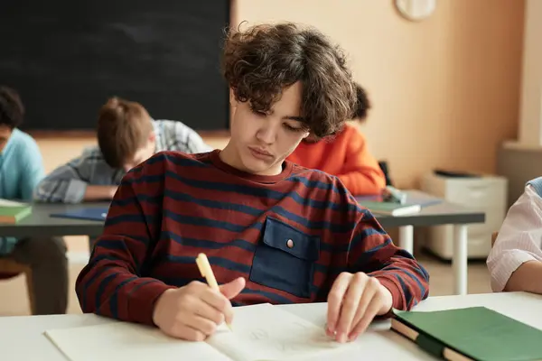 Retrato Adolescente Con Pelo Rizado Escribiendo Cuaderno Durante Clase Escolar —  Fotos de Stock