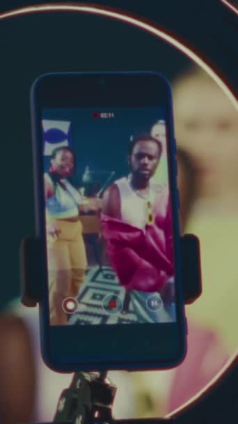 Vertical Smartphone Display Slowmo Shot Three Stylish Ethnically Diverse Dancing — Stock Video