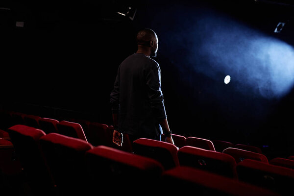 Dramatic back view of artist walking towards stage in empty theater audience with spotllght copy space