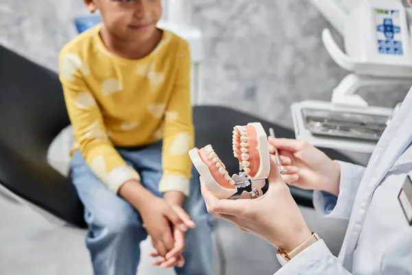 Крупный План Женщины Стоматолога Держащей Руках Зубную Модель Разговаривающей Ребенком — стоковое фото