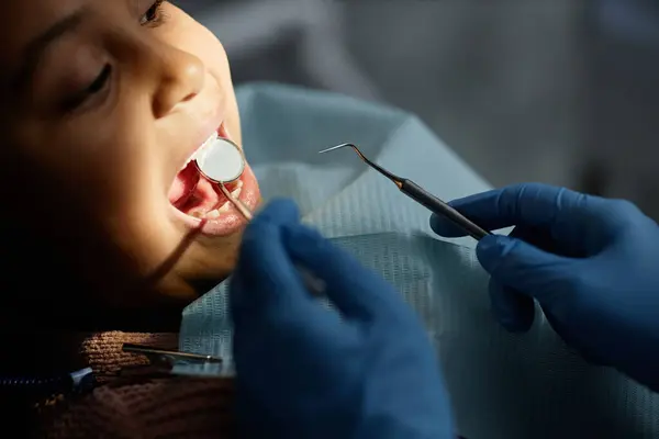 Closeup Little Child Teeth Checkup Dental Clinic Unrecognizable Dentist Holding — Stock Photo, Image