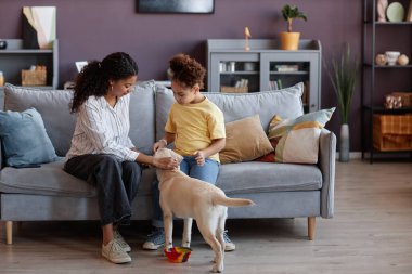 Anne ve kızının rahat evlerinde yavru köpekle oynadığı uzun bir portre. Kopya alanı.