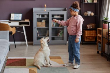 Evdeki şirin köpeğe numara öğreten sevimli zenci kızın uzun boy portresi, boşluğu kopyala