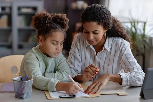 Portrait Cute Black Girl Doing Homework Mother Tutor Helping Copy — Stock Photo, Image