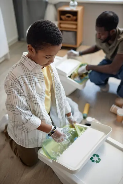 High Angle View Young African American Boy Sorting Waste Home — Stock Photo, Image