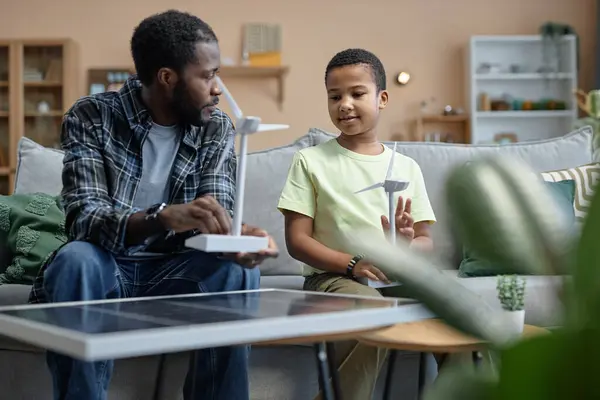 Portrait African American Father Teaching Son Renewable Energy Sources Holding — Stock Photo, Image