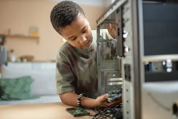 Portrait Young African American Boy Building Computer Assembling Parts Copy — Stock Photo, Image