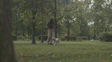 Güneşli bir günde yeşil şehir parkında köpeğiyle koşan genç siyahi kadının tam karesi.