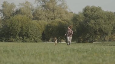 İt köpeği ile birlikte güneş ışığı altında yeşil çimenler üzerinde koşan beyaz bir kadın.