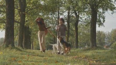 Çok ırklı iki genç kızın, köpekleriyle birlikte yaz parkında gündüz vakti sohbet etmelerinin tam karesi.
