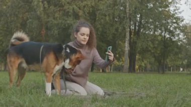 Genç, neşeli, beyaz bir kadın, güzel melez köpeğiyle selfie çekiyor ya da video kaydediyor. Gündüz vakti yeşil çimlerin üzerinde dinleniyorlar.
