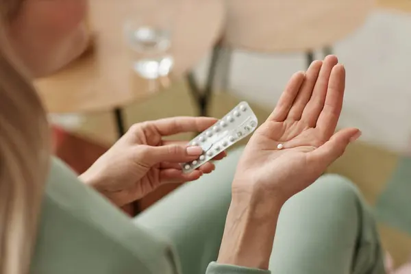 Close Unrecognizable Woman Taking Birth Control Pill Home Open Hand — Stock Photo, Image