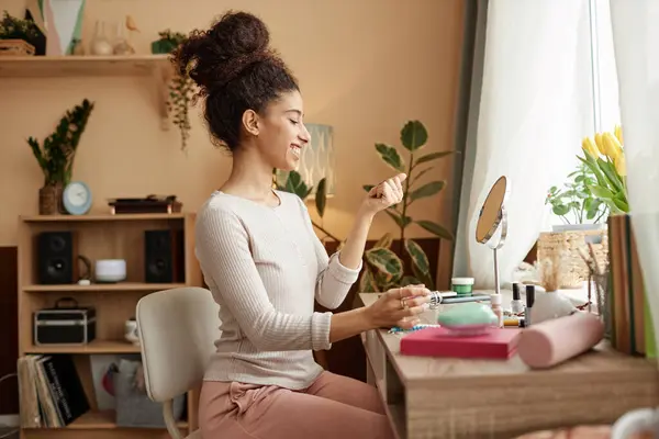 Side View Portrait Smiling Young Woman Doing Manicure Window Vanity — Stock Photo, Image