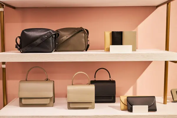 Hintergrundbild Von Designertaschen Und Handtaschen Regal Der Boutique Kopierraum — Stockfoto