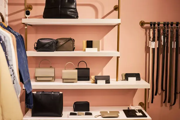 Background Image Designer Bags Purses Shelf Clothing Boutique Copy Space — стоковое фото