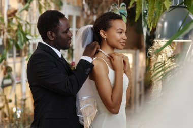 Zenci bir çiftin evlenirken çekilmiş portresi. Damat, geline kolye için yardım ediyor.