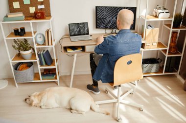 Beyaz labrador köpeği beklerken bilgisayarla çalışan engelli bir adamın arka plan portresi, boşluğu kopyala