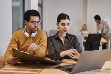 Modern ofiste dizüstü bilgisayar kullanan iki genç Orta Doğulu kadın ve erkeğin portresi iş projelerini tartışıyor, boşluğu kopyalıyor.