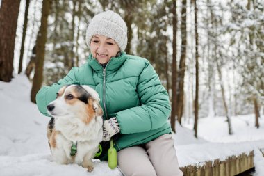 Kış parkında yürürken Corgi köpeğini okşayan gülümseyen yaşlı kadın.
