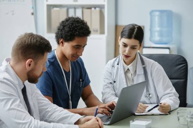 Toplantıda birlikte çalışırken dizüstü bilgisayara bakan üç genç doktordan oluşan çok ırklı bir grup.