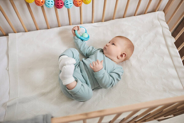 Top view of cute baby boy laying in bassinet and playing with rattle toy, copy space