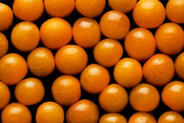 Olgun sarı domateslerin üst görünüm arkaplanı soyut desende düz, boşluğu kopyala