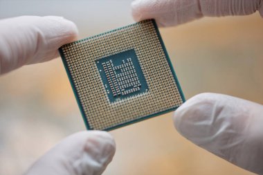 Bilgisayar tamirhanesinde eldivenli ellerin işlemci çipini tuttuğu makro çekim alanı kopyala