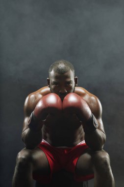 Siyah kaslı boksörün dramatik dikey portresi. Kameraya yoğun bir şekilde bakıyor ve kırmızı eldivenler giyiyor.