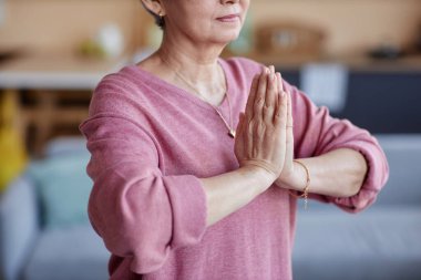 Son sınıf öğrencisi kadının evde yoga yapıp Namaste pozisyonuna odaklandığı yakın çekim anjali mudra