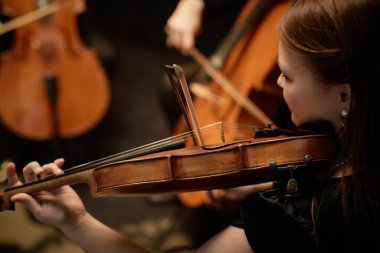 Stüdyoda yaylı çalgılar dörtlüsüyle keman çalan tanınmayan bayan müzisyenin yan görüntüsü.