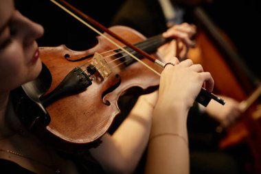 Sahnede konser sırasında yayla keman çalan tanınmamış kadın orkestra müzisyeninin eline yaklaş, el ve kuyruk kısmına odaklan.