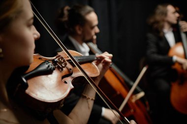 Sahnede oda dörtlüsüyle keman çalan tanınmayan bayan müzisyenin yan görüntüsü, telli çalgıya odaklan ve yaylı çalgılara odaklan.