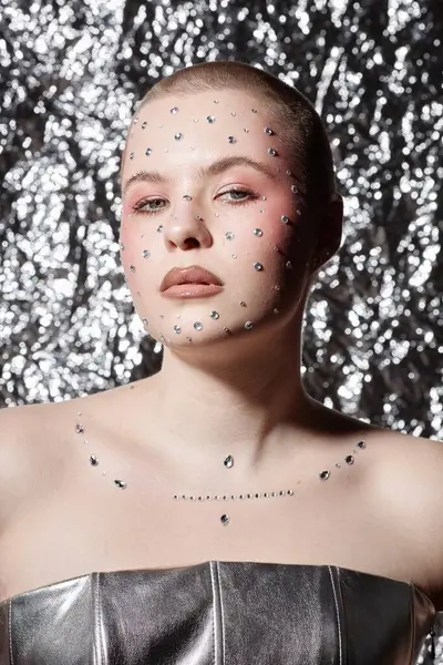 stock image Vertical portrait of young woman wearing glittering makeup with gems looking at camera with confidence on metallic background