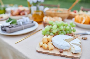 Taze üzümlü peynir tabağı ve ahşap tahtada çeşitli aperatifler. Gün ışığında açık havada toplanan masalara konur.