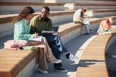 Gülümseyen Afro-Amerikan çocuğun yan görünüşü, çok ırklı kız öğrencilerle birlikte ders çalışırken açık havada amfi tiyatro banklarında öğrenme, kopyalama alanı.