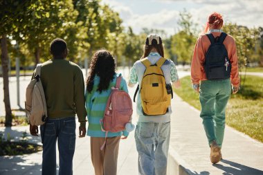 Sırt çantalı, parlak günlük giysiler giymiş, güneşli bir günde, şehir parkındaki derslerden sonra birlikte yürüyen bir grup gencin arka görüntüsü.