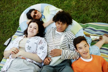 Farklı etnik kökenlere sahip gülümseyen dört gencin piknik battaniyesine uzanmış, yaz tatilinin keyfini çıkarırken çekilmiş yüksek açılı görüntüleri.