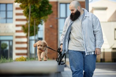 Adam köpeğini gezdirirken tasmasını tutuyor, modern şehir binalarının yanında kameraya bakmadan geziniyor.